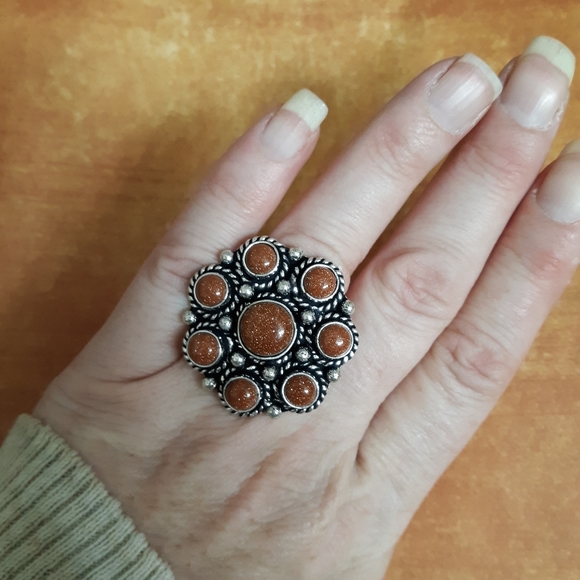 New Sunstone Sandstone Adjustable Silver Cocktail Ring. - Picture 8 of 8
